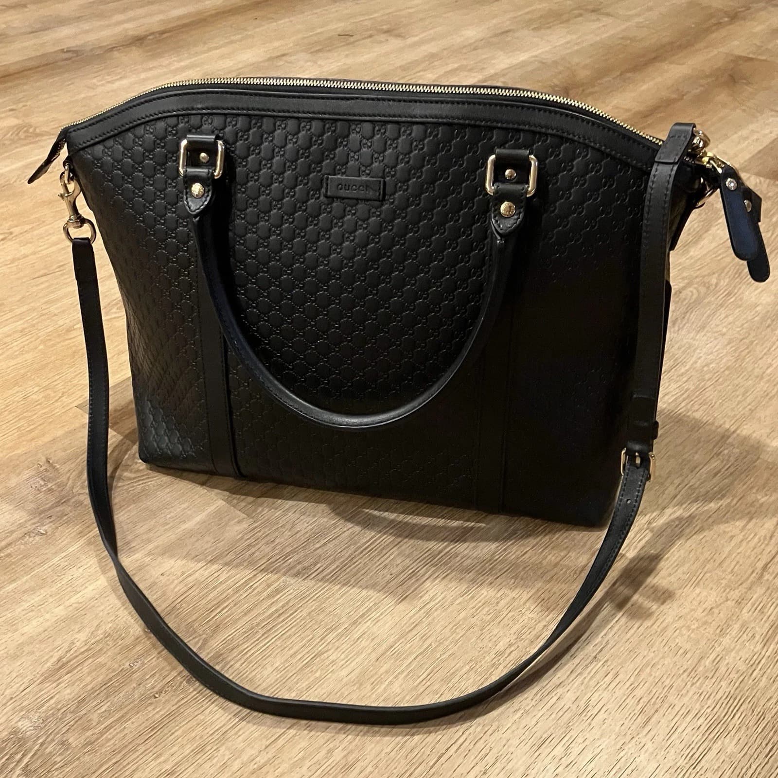 Gucci Black GG Guccissima Leather Zip Tote 449658 Hand Bag Large 2 Way AUTHENTIC - Image 1